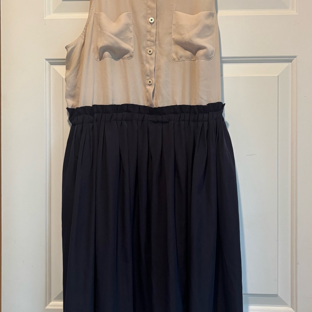 Anthropologie Beige and Navy Midi Dress with pockets VG pre-owned size 14